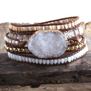 Boho Beaded Bracelet Big White Druzy Stone Charm 5